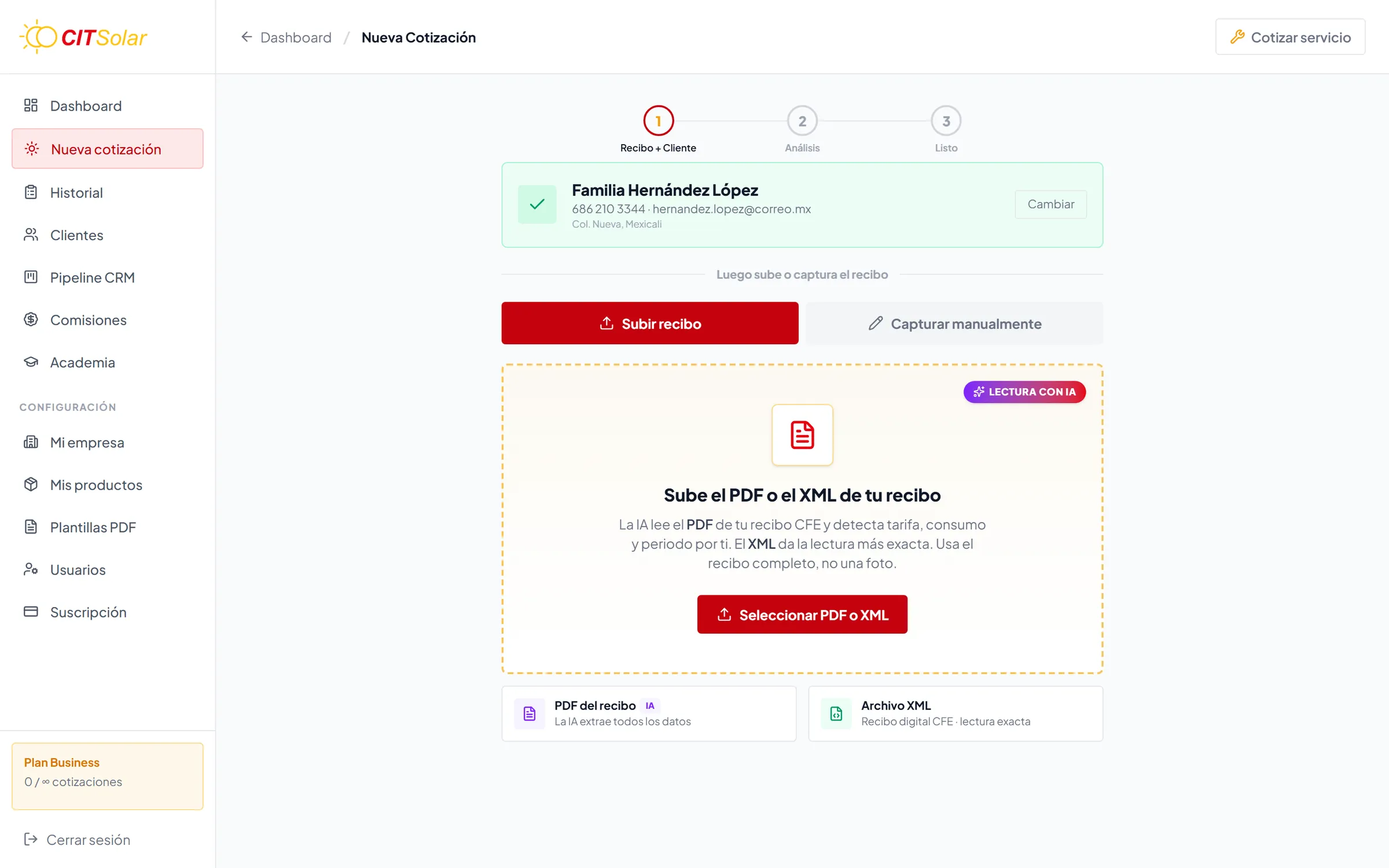 Cliente seleccionado y zona para subir el recibo