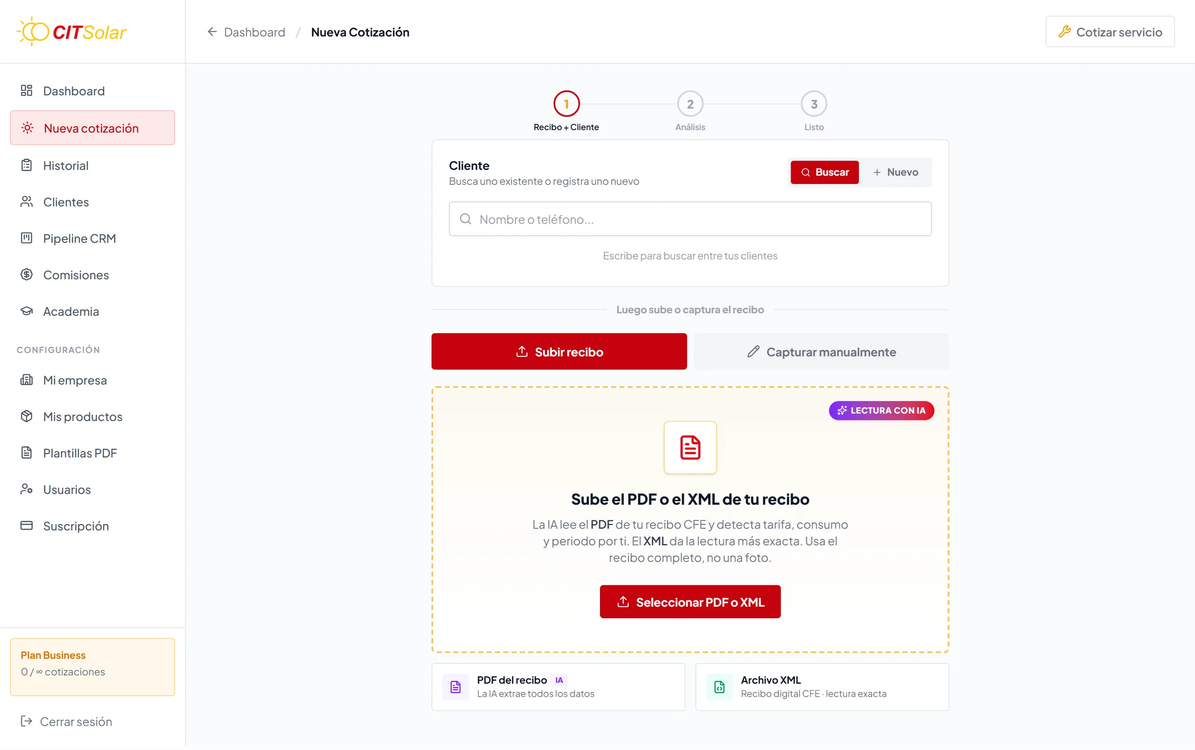 Cotizador · paso 1: cliente y recibo